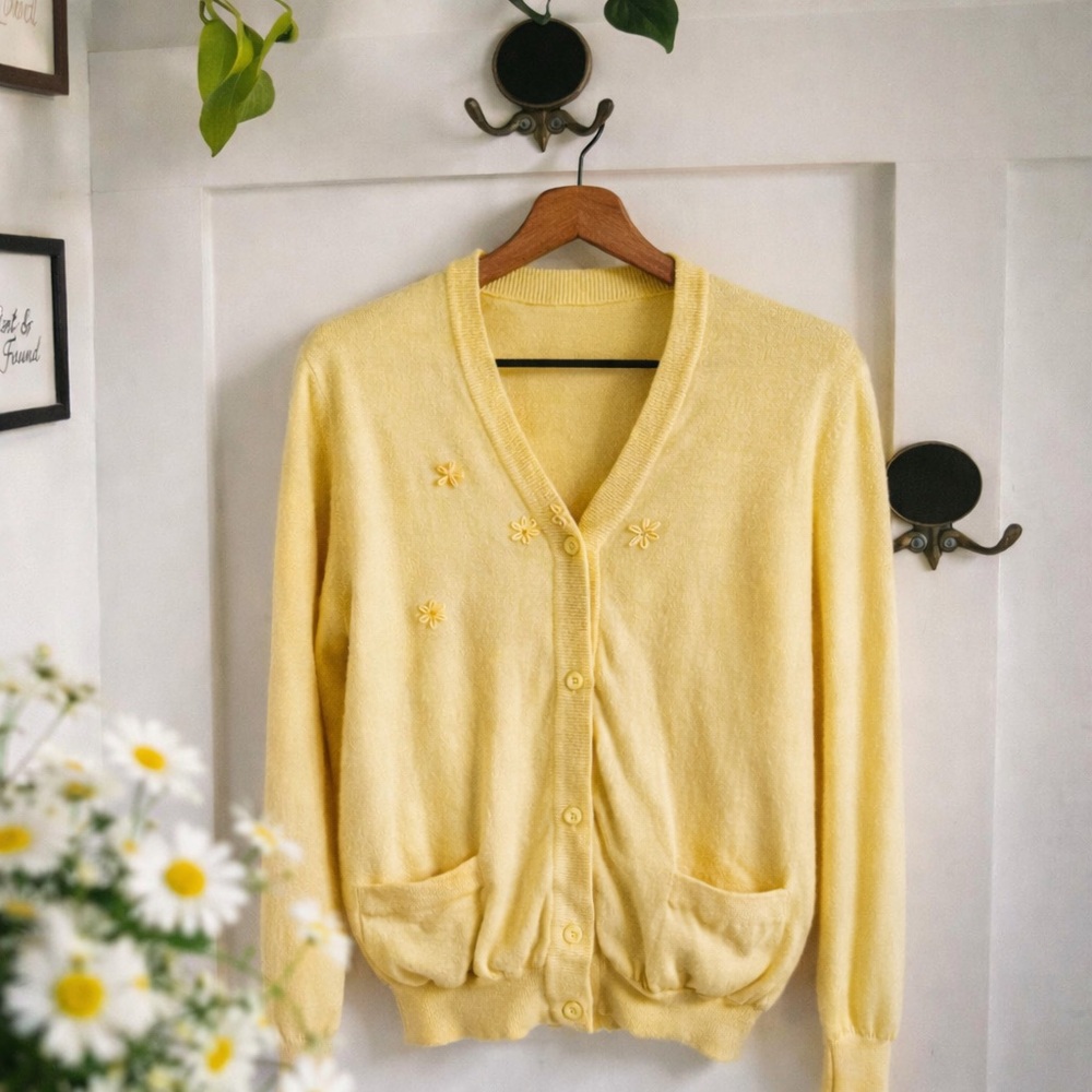 Vintage Yellow Pure Wool Cardigan | Floral Mended Detail | Soft Spring Sweater